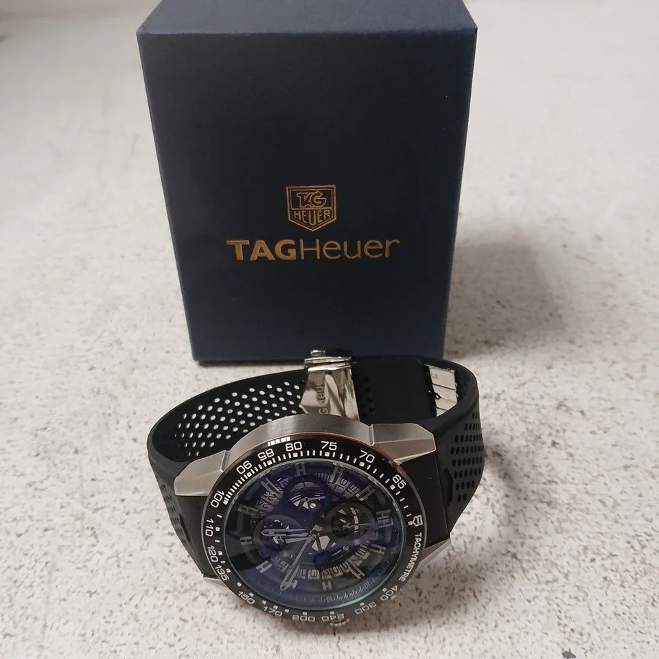 TAG HEUER CARRERA SKELETON DIAL WATCH – BLACK RUBBER STRAP (BOXED)