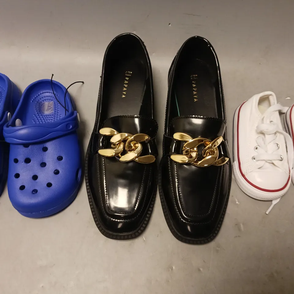 BOX OF APPROXIMATELY 8 ASSORTED PAIRS OF SHOES AND FOOTWEAR ITEMS IN VARIOUS COLOURS, STYLES, AND SIZES - COLLECTION ONLY