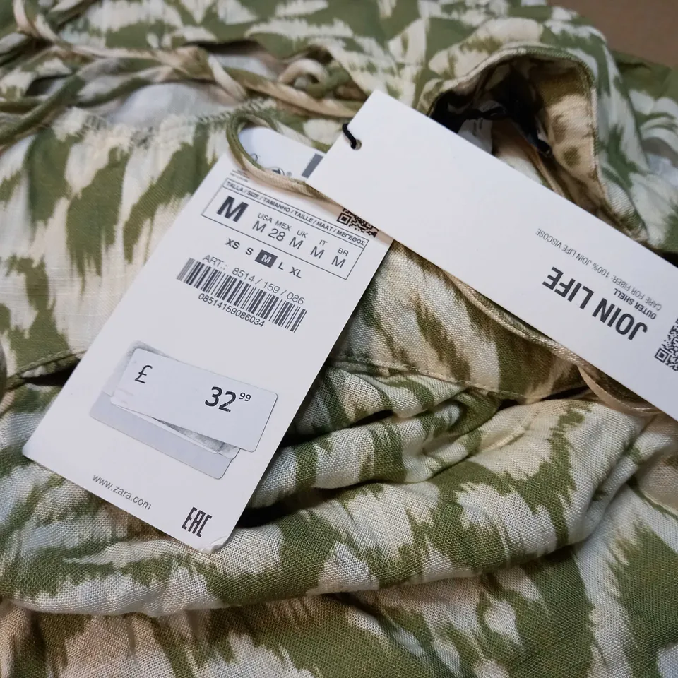 ZARA GREEN/WHITE LINEN STYLE SPLIT MIDI DRESS - MEDIUM