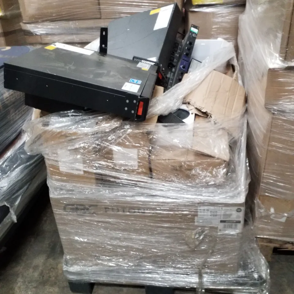 PALLET CONTAINING ASSORTED PRODUCTS INCLUDING PERSONAL ADDRESS SYSTEMS, MIXING AMPLIFIERS, CERAMIC CUPS, LAMINATOR 