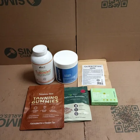 TOTE OF APPROXIMATELY 25 ASSORTED VITAMIN/SUPPLEMENT RELATED ITEMS TO INCLUDE TANNING GUMMIES, MUSHROOM GUMMIES, QUERCETIN, COLLAGEN COMPLEX, TURMERIC ETC