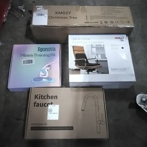PALLET OF HOUSEHOLD ITEMS TO INCLUDE CHRISTMAS TREE,PILATES TRAINING KIT,ALL IN ONE COMFORT CUSHION, KITCHEN FAUCET AND OTHER ASSORTED ITEMS...