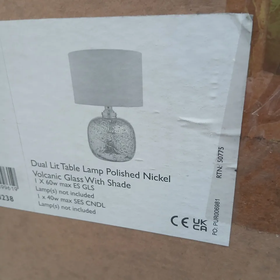 BOXED DAR LAVA DUAL LIT TABLE LAMP POLISHED NICKEL CLVOLCANIC GLASS WITH SHADE