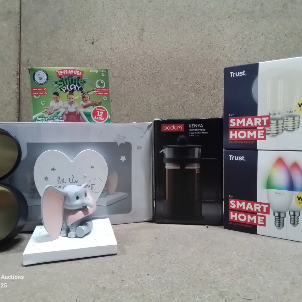 BOX TO CONTAIN ASSORTED HOUSEHOLD GOODS AND PRODUCTS TO INCLUDE; BODUM KENYA FRENCH PRESS, DISNEY'S DUMBO BOOKENDS, SMART HOME BULBS