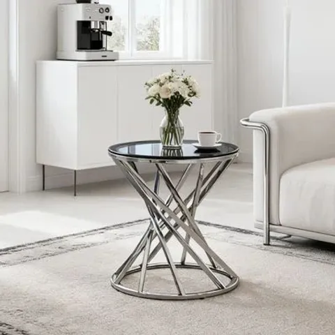 BOXED CHROME ROUND STAINLESS STEEL GLASS END TABLE FOR LIVING ROOM - SILVER (1 BOX)