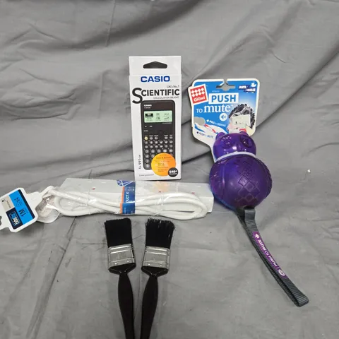 APPROXIMATELY 15 ASSORTED HOUSEHOLD ITEMS TO INCLUDE CASIO SCIENTIFIC CALCULATOR, RUBBER DOG TOY AND A 4 SOCKET EXTENSION LEAD