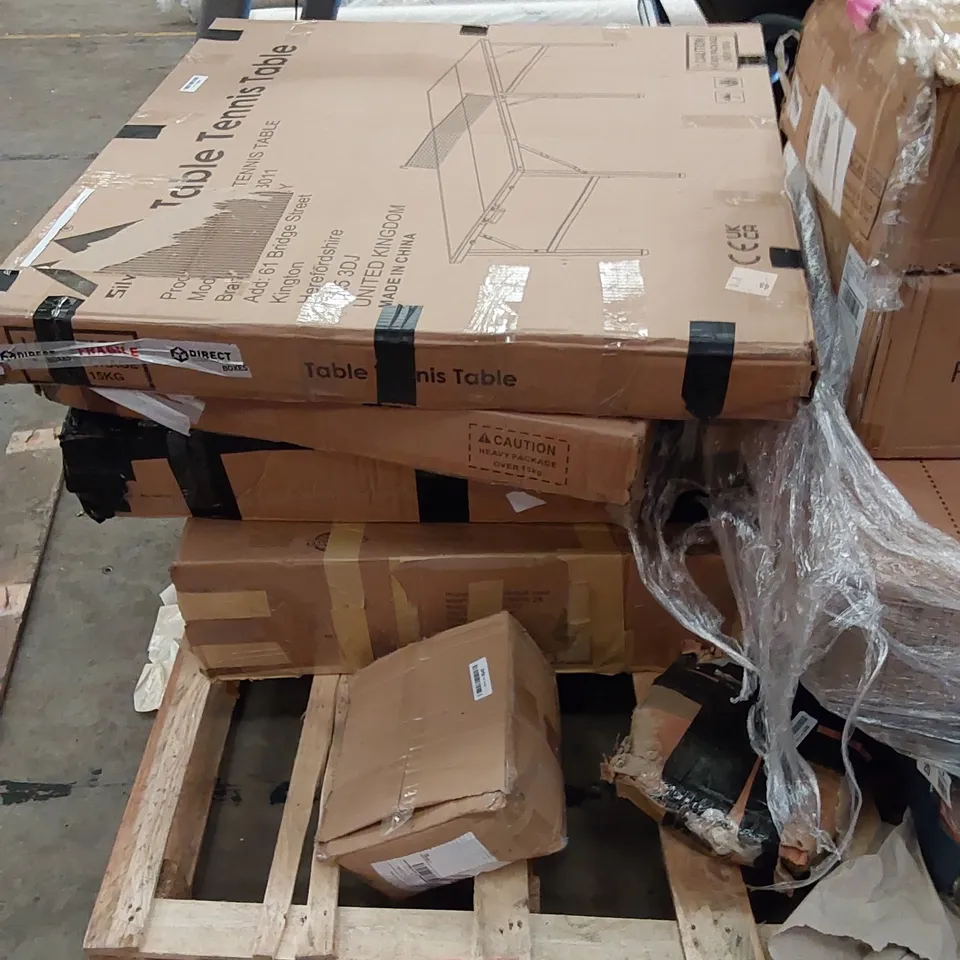 PALLET OF ASSORTED ITEMS INCLUDING, TABLE TENNIS TABLES, VESGANTTI PORTABLE MASSAGE BED, BASKETBALL STAND