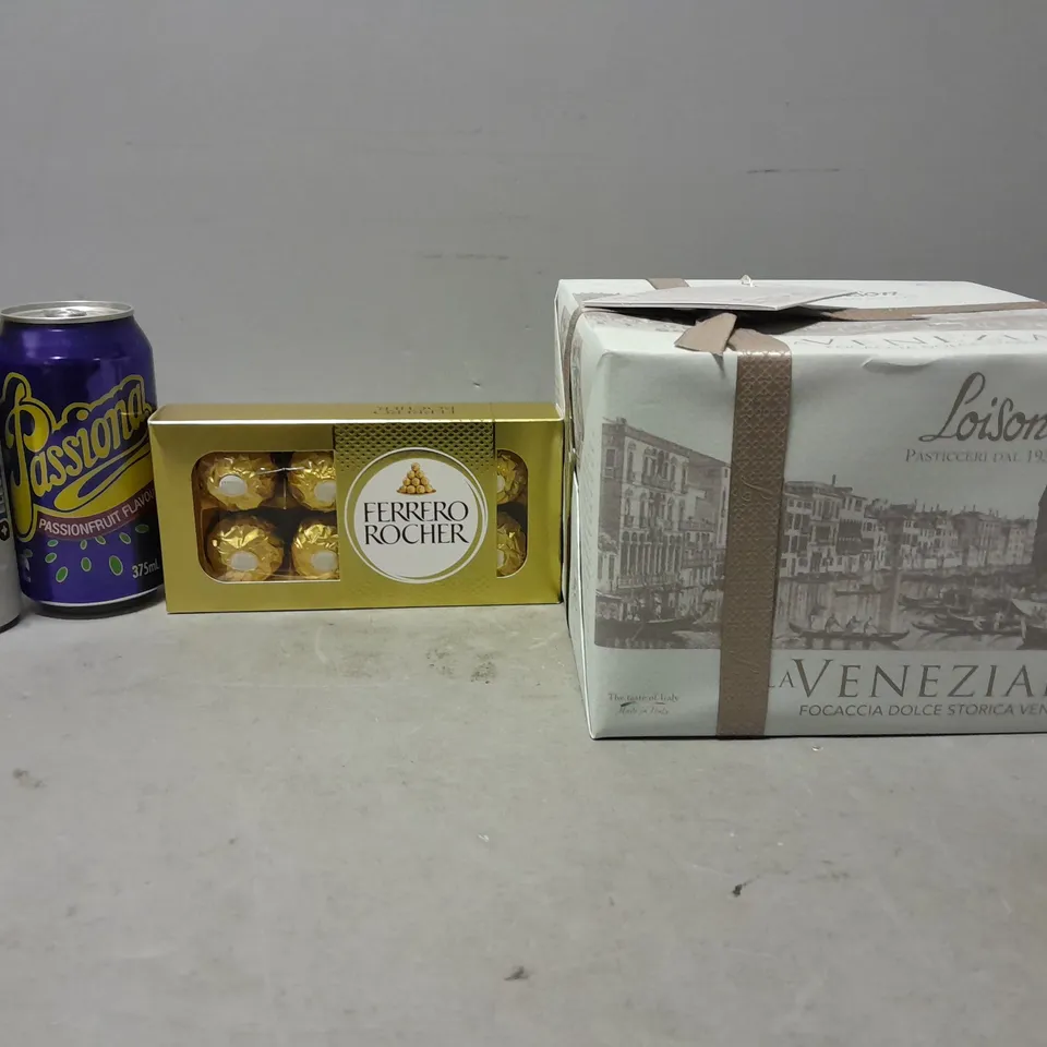 TOTE OF APPROXIMATELY 8 ASSORTED FOOD ITEMS TO INCLUDE - FERRERO ROCHER , LOISON LA VENEZIANA , AMINO ENERGY ETC