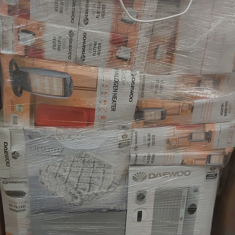 PALLET CONTAINING A VERY LARGE QUANTITY OF ASSORTED ELECTRIC ITEMS INCLUDING: DAEWOO HALOGEN HEATERS, 2000W OIL FILLED RADIATOR ECT