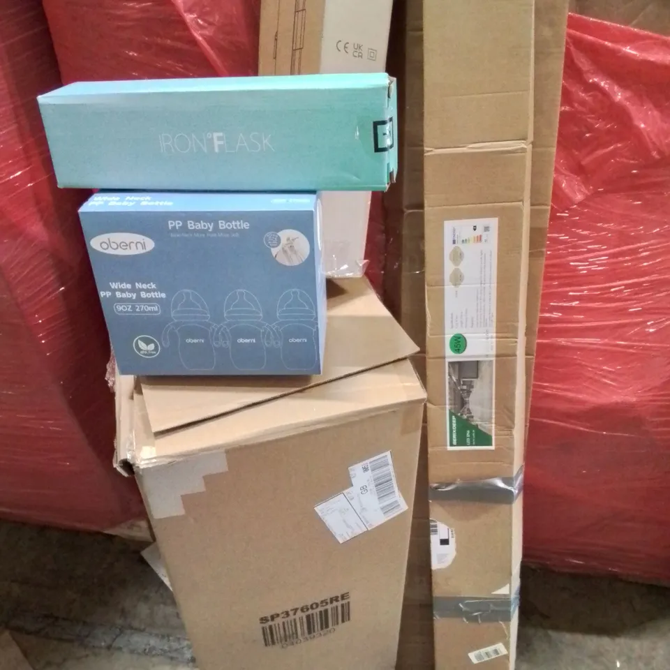 PALLET OF VARIOUS ASSORTED BOXED HOUSEHOLD ITEMS TO INCLUDE. GOLF CADDY, LED IP66, BABY BOTTLES, IRON FLASK ETC.