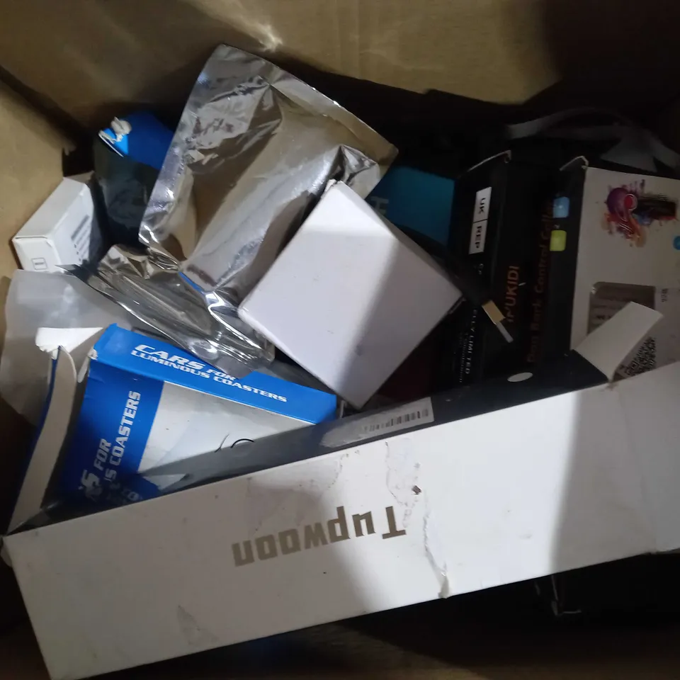 BOX OF APPROXIMATELY 10 ASSORTED HOUSEHOLD ITEMS TO INCLUDE WIRELESS EARBUDS, FITNESS TRACKER, ANTI-SNORING DEVICE, ETC