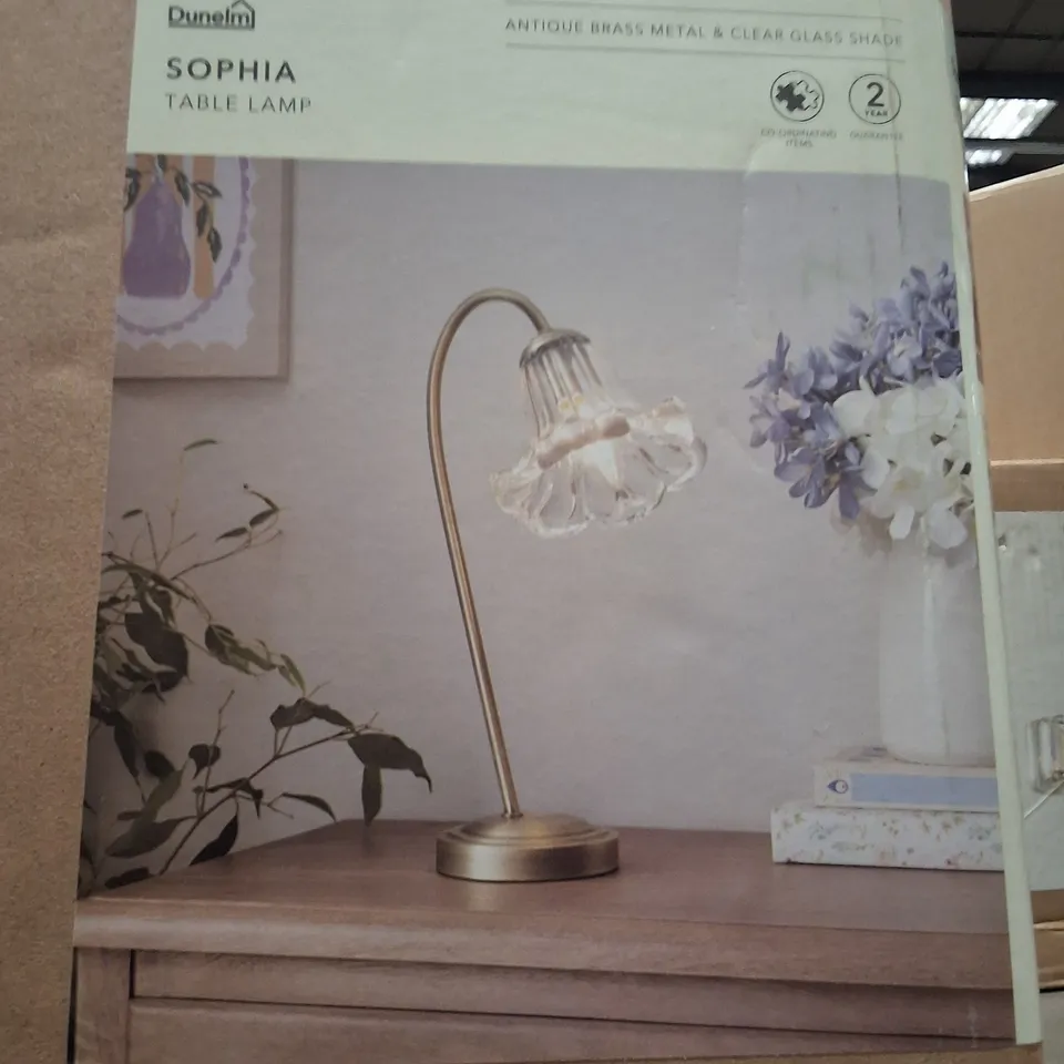BOXED DUNELM SOPHIA TABLE LAMP – ANTIQUE BRASS WITH CLEAR GLASS SHADE