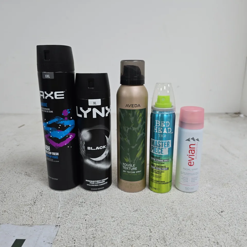 TOTE OF APPROXIMATELY 15 ASSORTED AEROSOL ITEMS TO INCLUDE LYNX, AXE, BED HEAD, AVEDA, EVIAN ETC