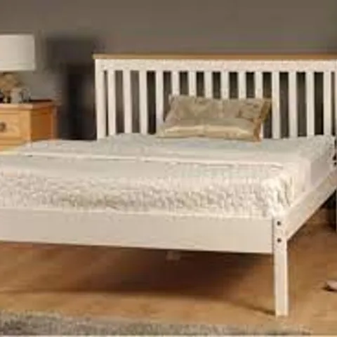 BOXED JACLIN 5' BED FRAME - WHITE WITH CARAMEL BAR (BOX 1)