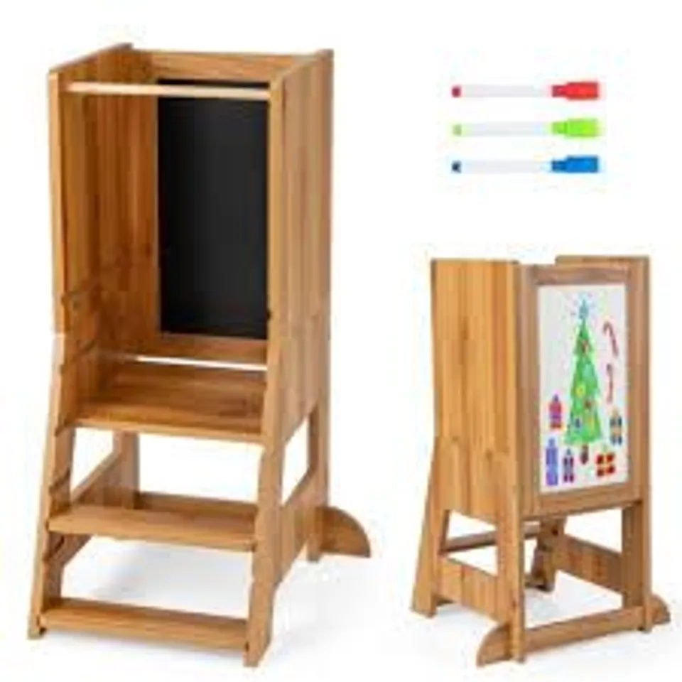 BOXED COSTWAY TODDLER KITCHEN STOOL HELPER WITH CHALKBOARD AND WHITEBOARD - NATURAL