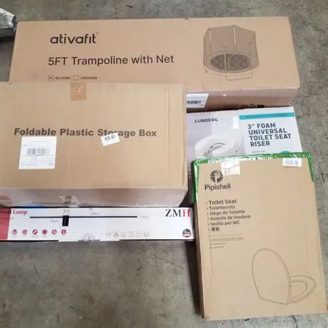 PALLET CONTAINING ASSORTED PRODUCTS INCLUDING 5FT TRAMPOLINE WITH NET, FOLDABLE PLASTIC STORAGE BOX, LED WALL LAMP, TOILET SEAT & 3" FOAM UNIVERSAL TOILET SEAT RISER