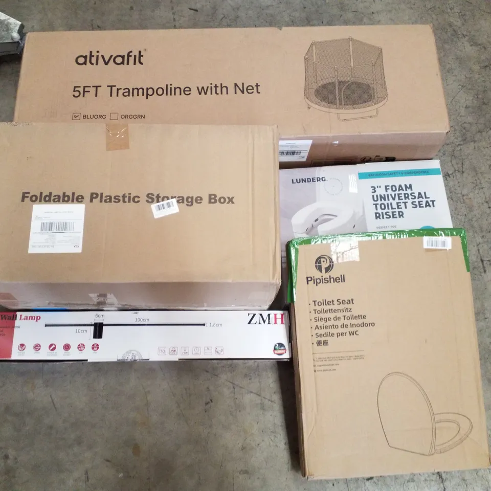 PALLET CONTAINING ASSORTED PRODUCTS INCLUDING 5FT TRAMPOLINE WITH NET, FOLDABLE PLASTIC STORAGE BOX, LED WALL LAMP, TOILET SEAT & 3" FOAM UNIVERSAL TOILET SEAT RISER