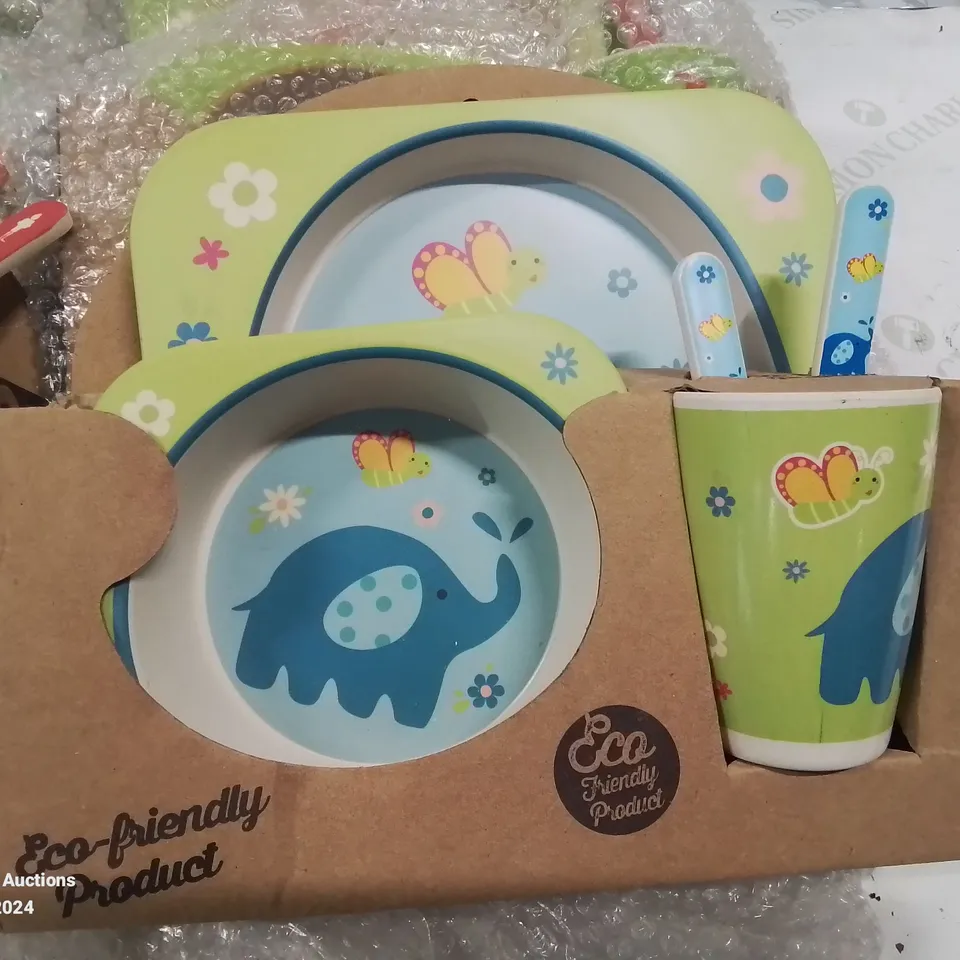 12 SETS OF CHILDREN'S ECO FRIENDLY PLATE, BOWL, CUP AND CUTLERY SETS.