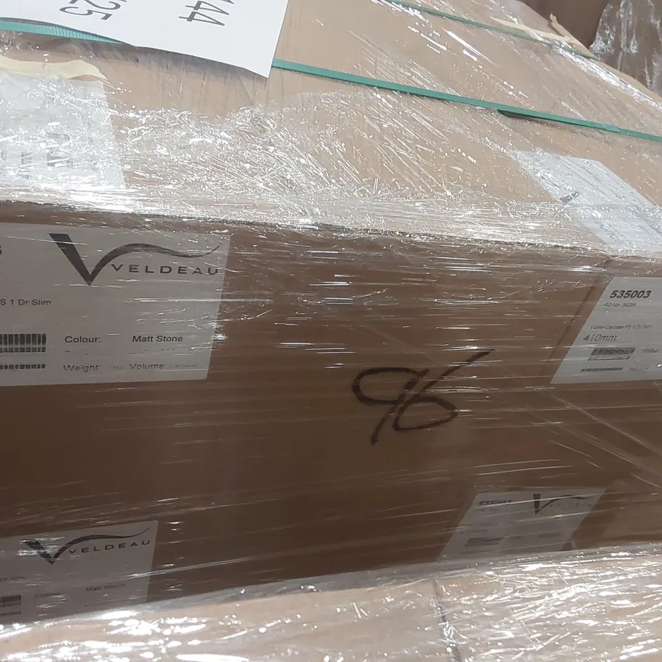 PALLET CONTAINING A LARGE QUANTITY OF ASSORTED BATHROOM FURNITURE PARTS INCLUDING: VELDEAU VANITY CARCASSES ECT