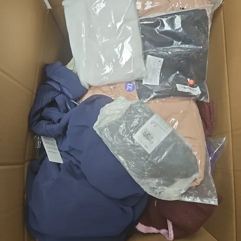 LARGE BOX OF APPROXIMATELY 25 ASSORTED CLOTHING ITEMS IN VARIOUS COLOURS, STYLES AND SIZES - COLLECTION ONLY