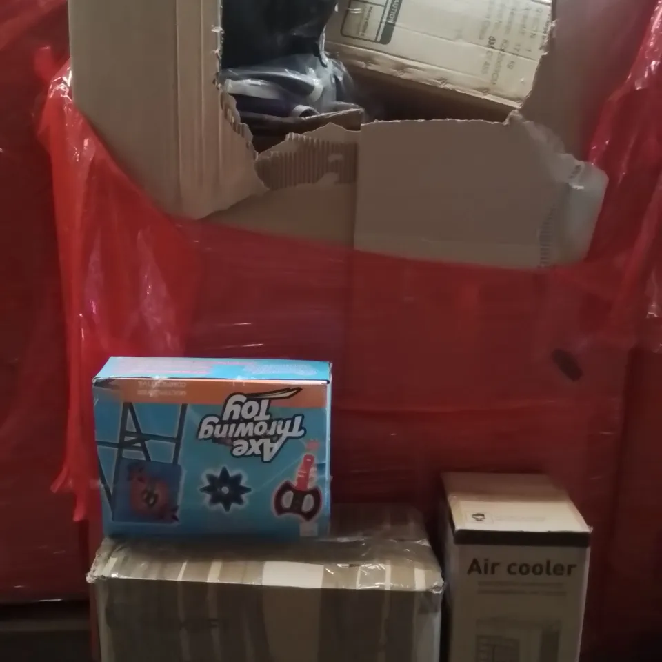 PALLET OF ASSORTED HOUSEHOLD GOODS AND PRODUCTS TO INCLUDE;AIR COOLER,OFFICE CHAIR,AXE TOY THROW