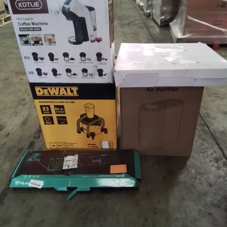 PALLET OF ASSORTED HOUSEHOLD ITEMS TO INCLUDE, AIR PURIFIER, TOILET SEAT, COFFEE MACHINE, KEYBOARD AND DEWALT