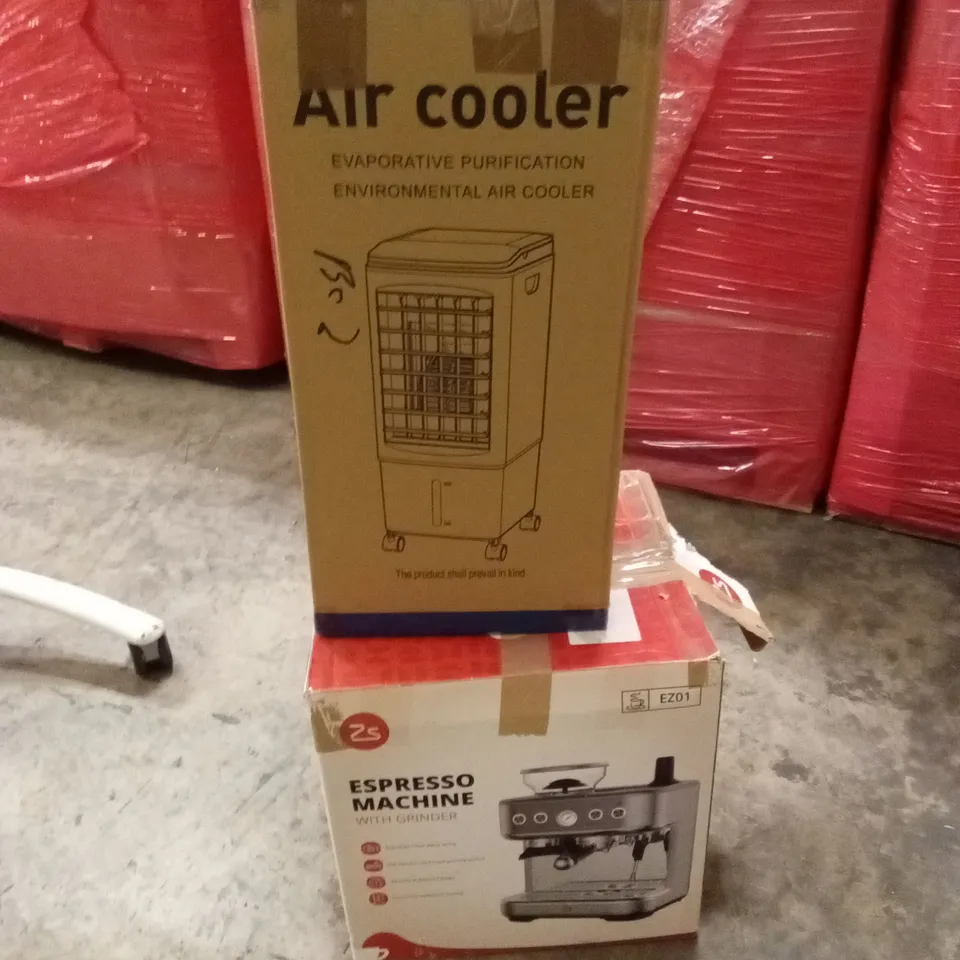 PALLET OF ASSORTED HOUSEHOLD GOODS AND PRODUCTS TO INCLUDE; ESPRESSO MACHINE, AIR COOLER, ROWING MACHINE ETC