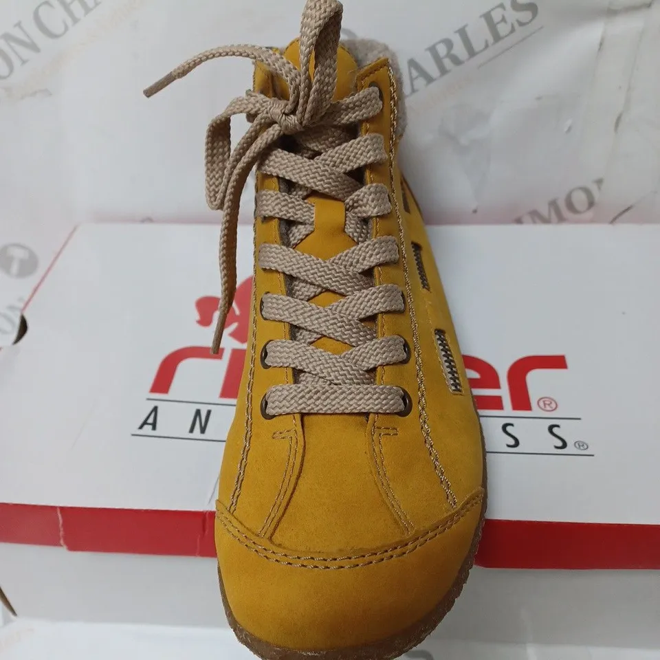 BOXED RIEKER LACE ANKLE BOOTS, YELLOW - SIZE 6