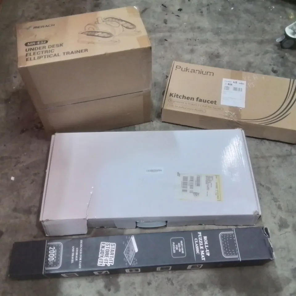PALLET OF ASSORTED HOUSEHOLD GOODS AND PRODUCTS TO INCLUDE;UNDER DESK ELECTRIC ELLIPTICAL TRAINER,KITCHEN FAUCET, PUZZLE MAT AND OTHER ASSORTED ITEMS...