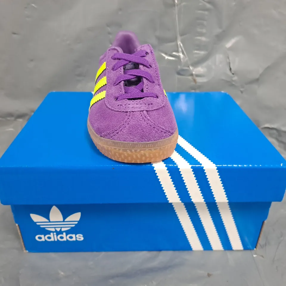 BOXED PAIR OF ADIDAS GAZELLE INFANT SHOES IN PURPLE/LIME SIZE UK 5