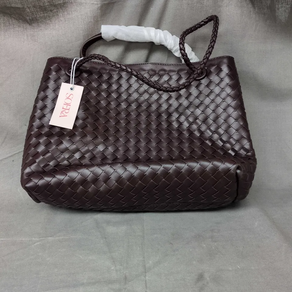 SOERA BROWN WOVEN LEATHER HANDBAG WITH BRAIDED HANDLES