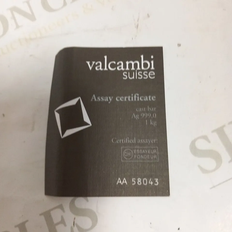 VALCOMBI SUISSE 1KG SILVER 999,0 AA58043 WITH ASSAY CERTIFICATE