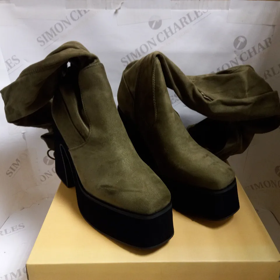 KOI VEGAN SANDICOOT KHAKI SUEDE LONG BOOTS - SIZE 8