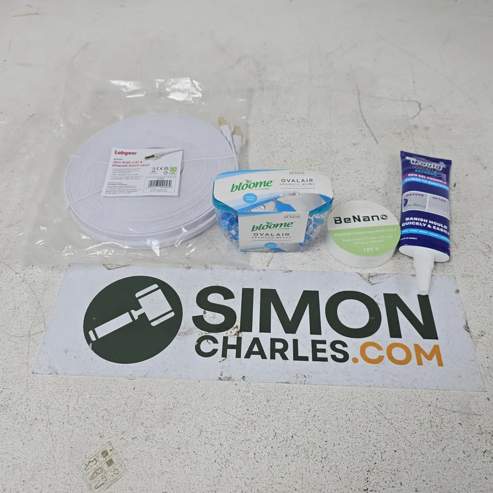APPROXIMATELY 12 ASSORTED HOUSEHOLD PRODUCTS TO INCLUDE LABGEAR ETHERNET PATCH LEAD, BLOOME OVAL AIR AROMATIC BEADS AND MOULD MAGIC EXTREME