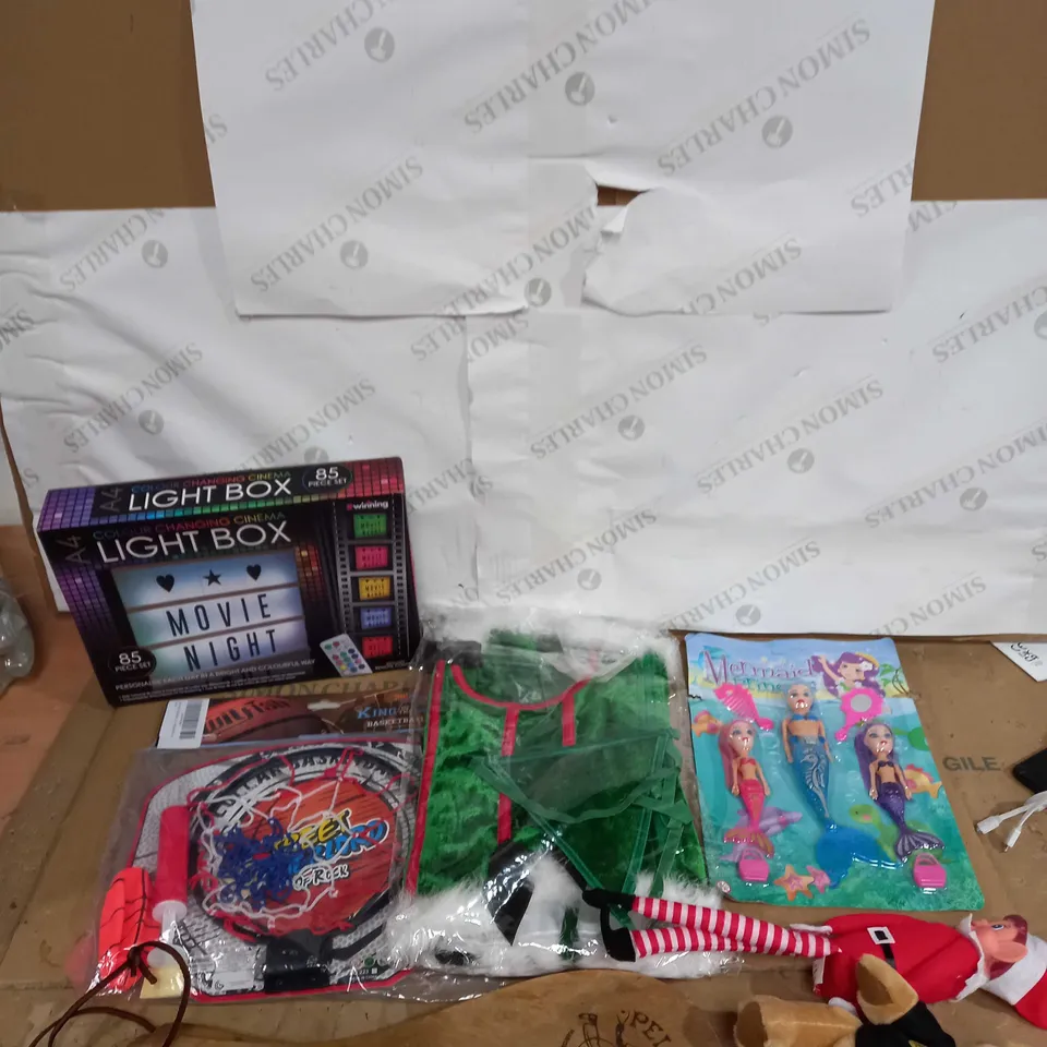 BOX OF ASSORTED TOYS AND GAMES TO INCLUDE STUFFED TOYS, FANCY DRESS AND MERMAID TOYS