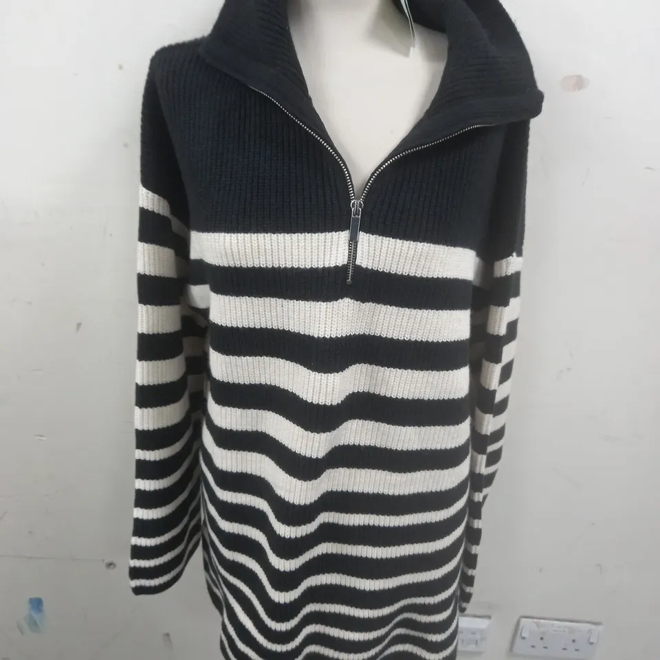 H&M BLACK/WHITE STRIPED HALF ZIPPED JUMPER - EUR L