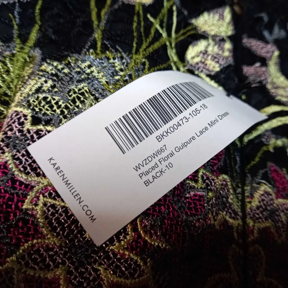 KAREN MILLEN BLACK FLORAL GUIPURE LACE MINI DRESS - SIZE 10