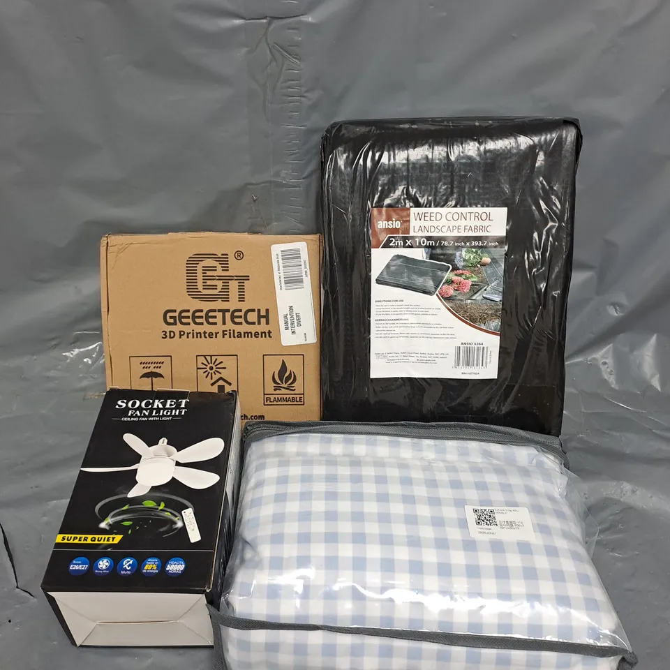 APPROXIMATELY 15 ASSORTED HOUSEHOLD ITEMS TO INCLUDE WEED CONTROL LANDSCAPE FABRIC, GEEETCEH 3D PRINTER FILAMENT, SOCKET FAN LIGHT, ETC - COLLECTION ONLY