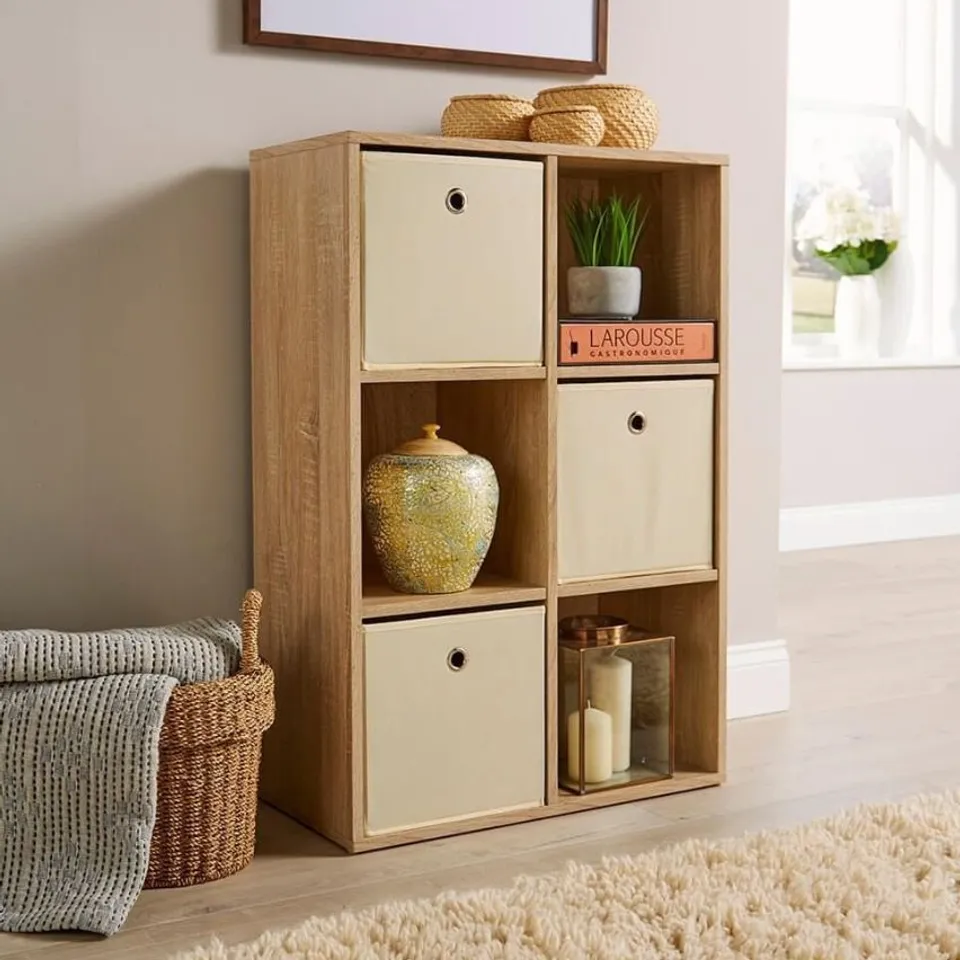BOXED HOME SOURCE 6 CUBE OAK STORAGE BOOKCASE (1 BOX)