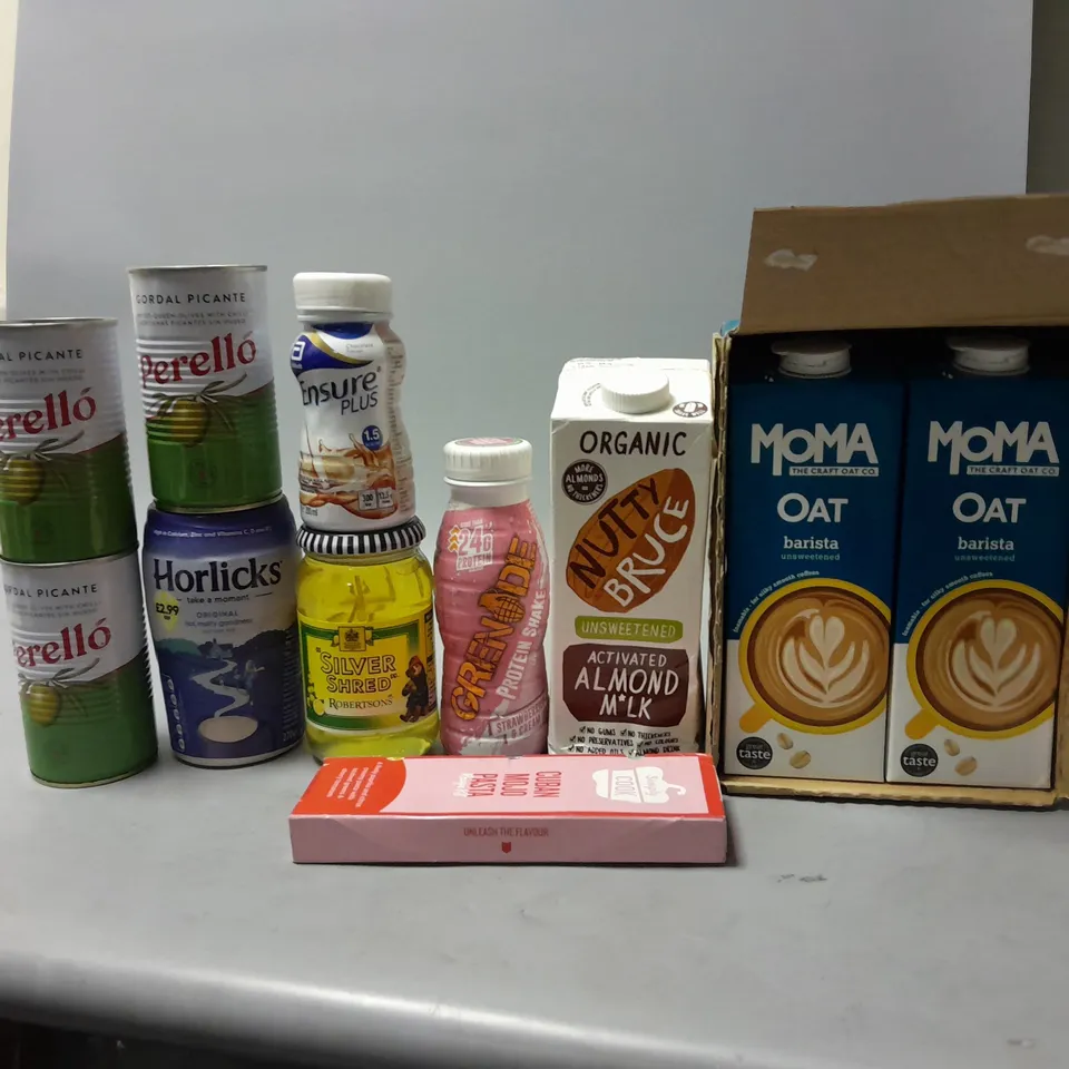 LOT OF ASSORTED FOOD ITEMS TO INCLUDE MOMA OAT MILK, PERELLO OLIVES, ETC