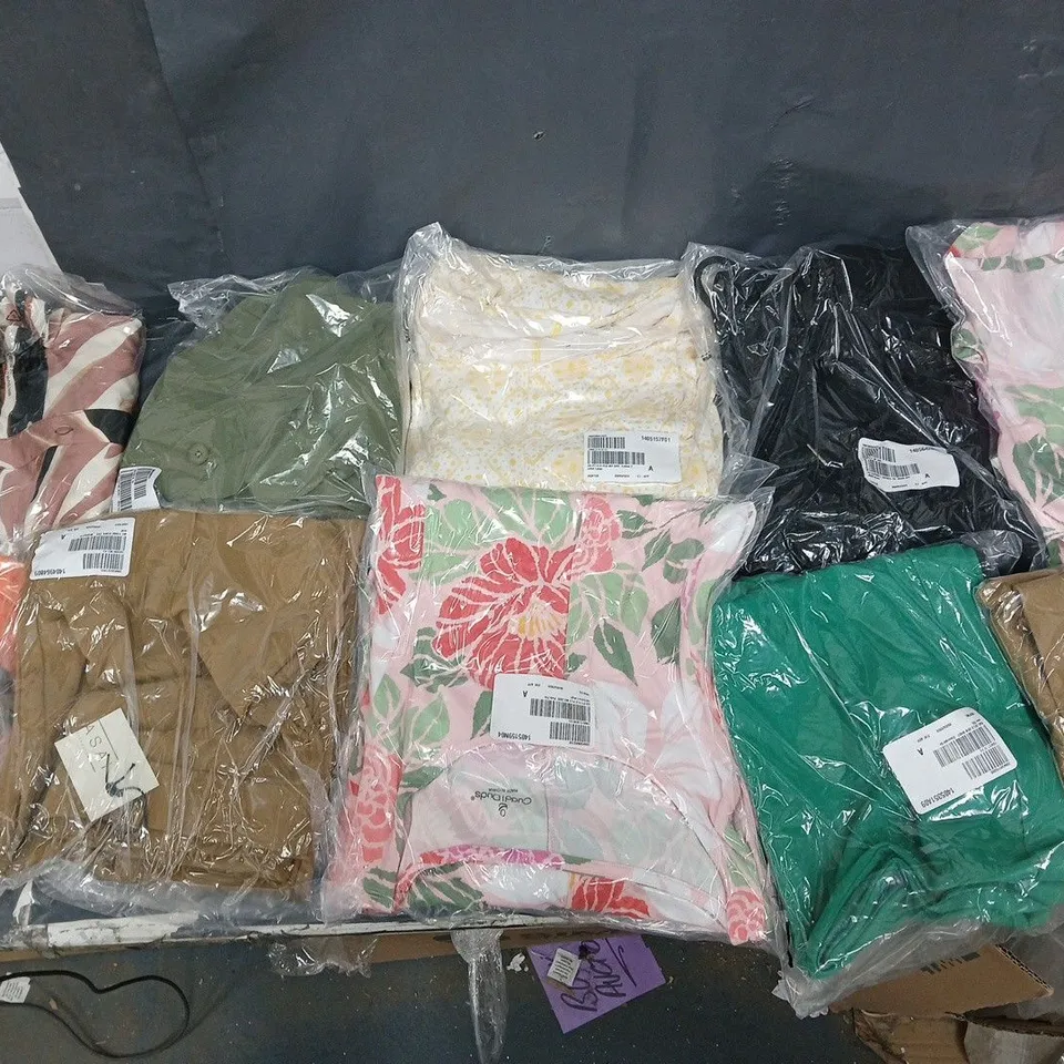 BOX OF APPROXIMATELY 10 ASSORTED PIECES OF CLOTHING IN VARIOUS STYLES, SIZES, AND BRANDS 