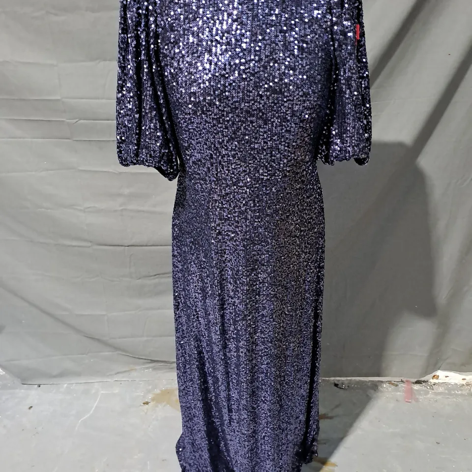 SCAMP & DUDE ADULT PUFF SLEEZE MIDI DRESS IN NAVY SEQUIN SIZE 8