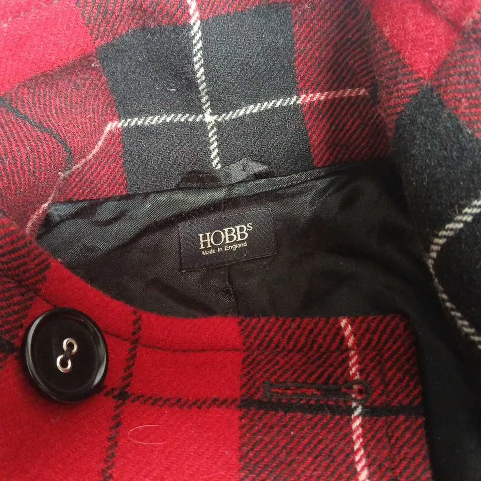 HOBBS RED & BLACK CHECK WOOL COAT, MADE IN ENGLAND, SIZE 10
