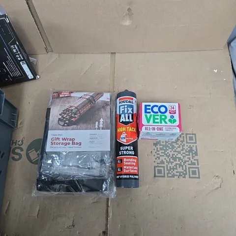 APPROXIMATELY 15 ASSORTED HOUSEHOLD PRODUCTS TO INCLUDE ECO-VER DISWASHER TABLETS, GIFT WRAP STORAGE BAG, SUPER STRONG ADHESIVE 