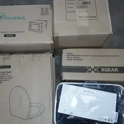UNPROCESSED PALLET OF ASSORTED ITEMS TO INCLUDE HARD ARM CAMPING CHAIR, SHOE BOXES, YOGA MATS AND TOILET SEATS