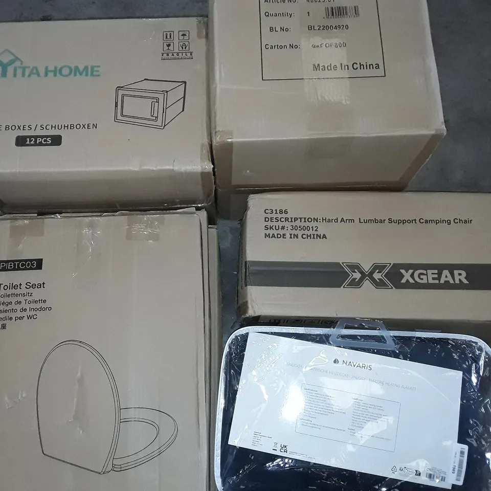 UNPROCESSED PALLET OF ASSORTED ITEMS TO INCLUDE HARD ARM CAMPING CHAIR, SHOE BOXES, YOGA MATS AND TOILET SEATS