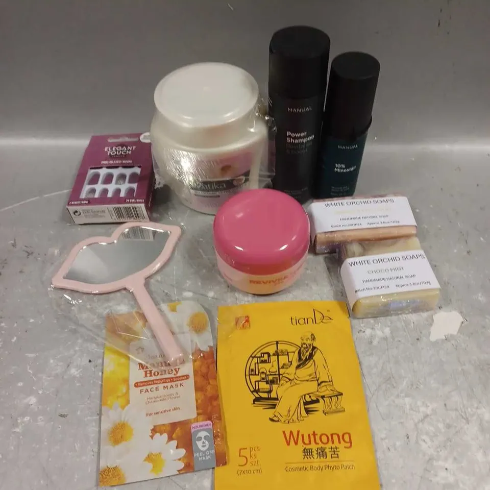 APPROXIMATELY 20 ASSORTED COSMETICS ITEMS TO INCLUDE WHITE ORCHID SOAPS, MANUKA HONEY FACE MASK, VATIKA GARKLIC HAIR MASK ETC 