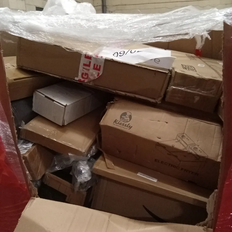 PALLET OF ASSORTED HOUSEHOLD GOODS AND PRODUCTS TO INCLUDE; ELECTRIC FRYER, YOGA MAT, BOXED FURNITURE ETC