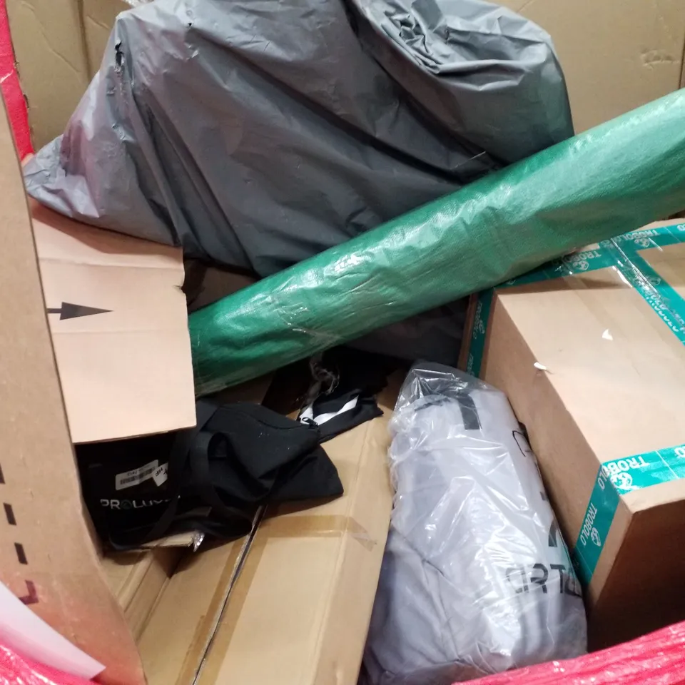 PALLET OF ASSORTED PRODUCTS INCLUDING BAR TABLE, CLOTH HANGING SHELVES, INFLATABLE KAYAK, INFLATABLE SUP BOARD