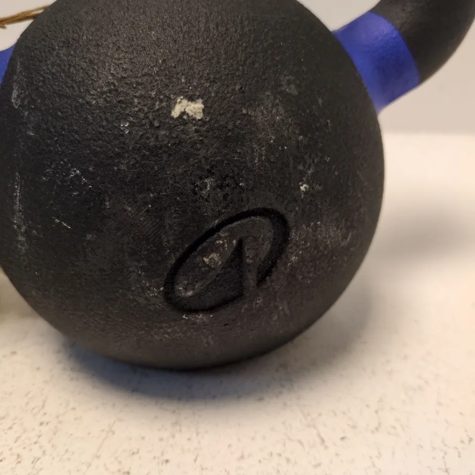 KETTLEBELL – 12 KG, BLACK WITH BLUE GRIP ACCENTS